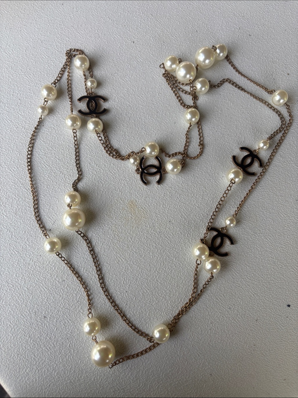 Pearl Stationed Gold-Tone Long Necklace with Interlocking Logo Charms